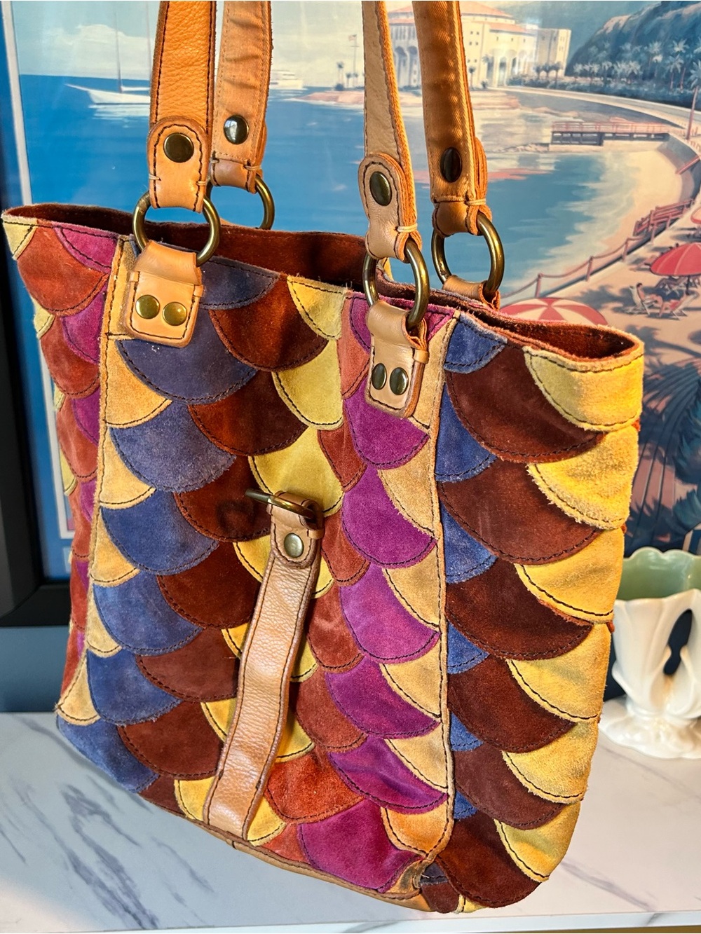 LUCKY BRAND MultiColor Scallop Patchwork Leather Shoulder Boho Tote - Picture 2 of 15
